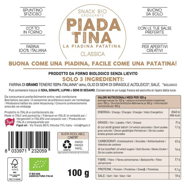 PIADATINA CLASSICA włoskie krakersy zbożowe Figuli 100g BIO